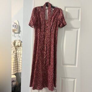 Vintage-Inspired Burgundy Floral Button-Front Midi Dress size 8